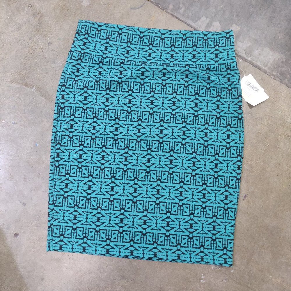 NWT LuLaRoe Cassie Pencil Skirt Teal Black Geometric Print